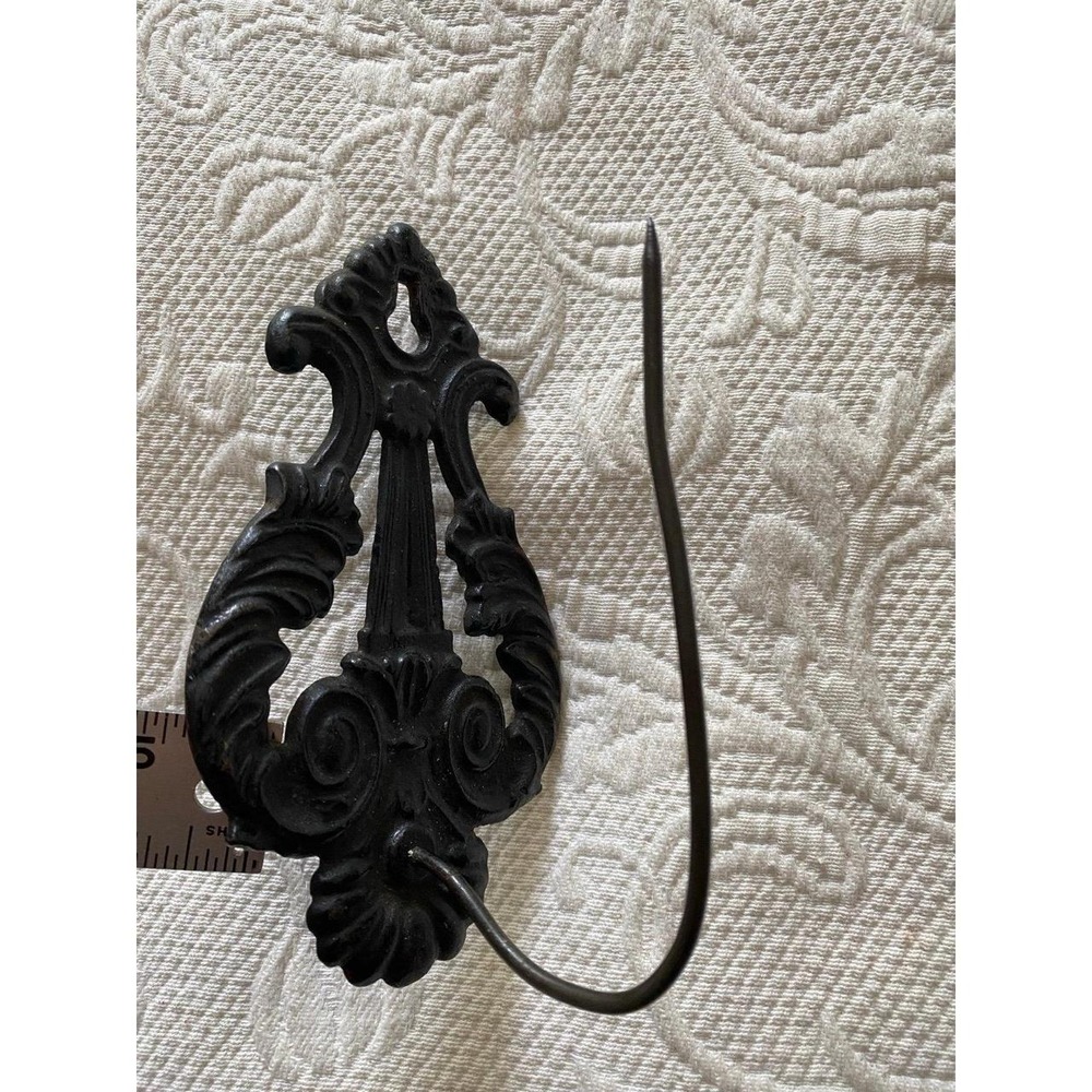 Ornate Black Metal Wall Hook Cast Iron Bill Holder Decor Antique Vintage